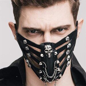 BLACK leather skull chain stud face mask slave bondage BDSM costume cosplay NWT